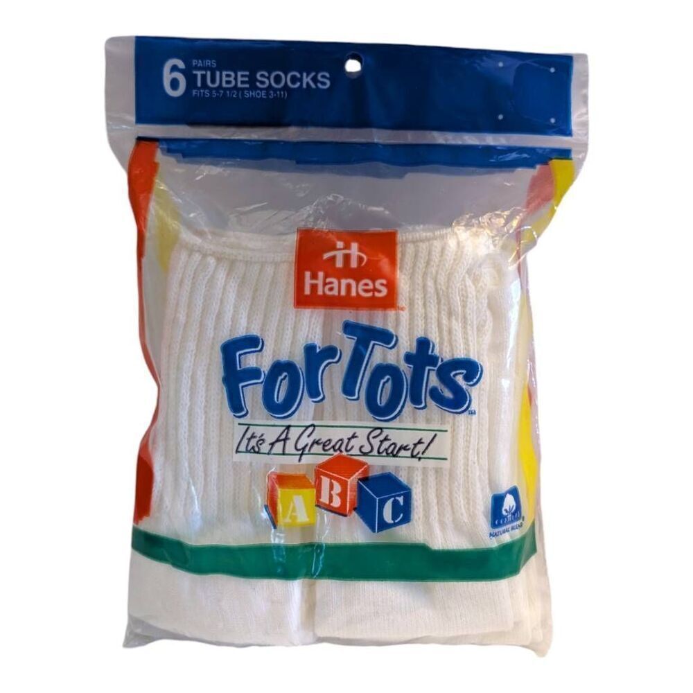 Hanes For Tots 6 Pairs‎ White Tube Socks Vintage Shoe Size 3-11 Boy Girl